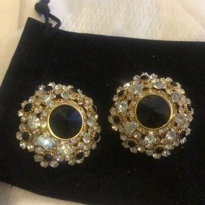 Stunning Jet Black & Crystal Dramatic Button Earrings-Clip On-Boutique